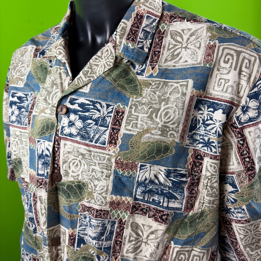 Vintage Royal Creations Mens 2X Hawaiian Made Camp Shirt Sea Turtle AOP Tapa USA